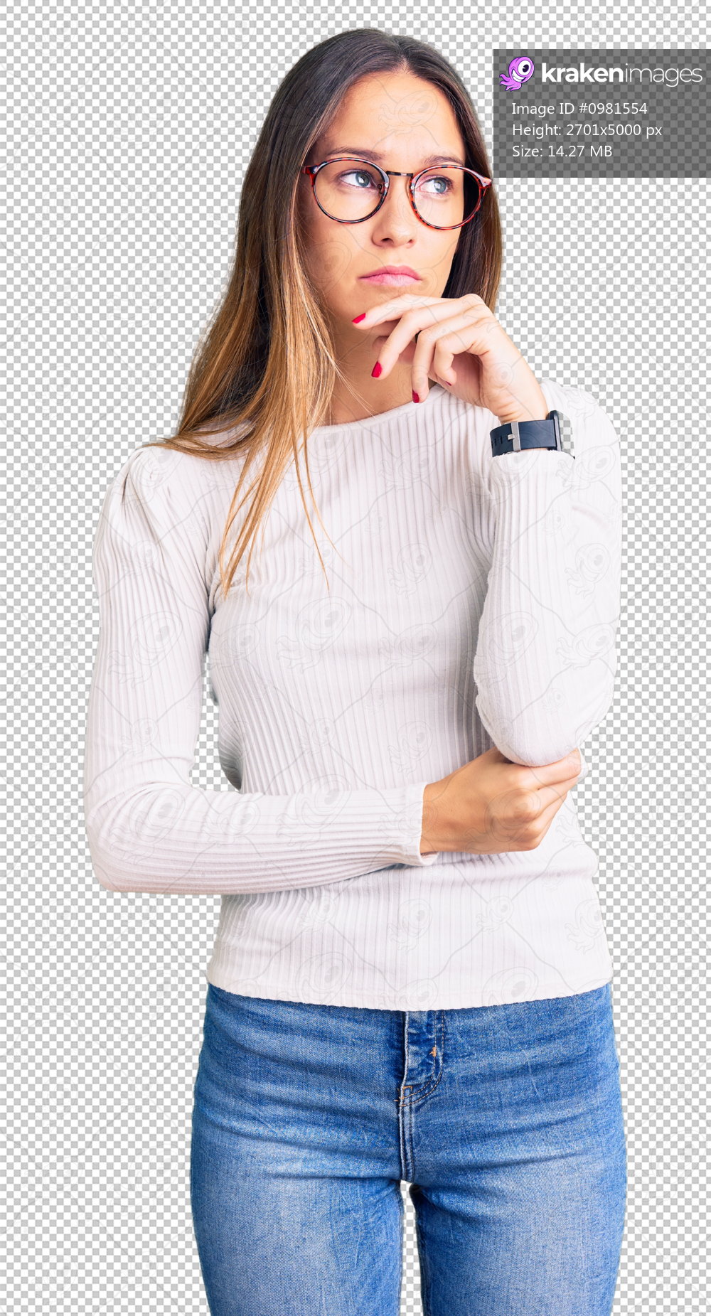 Beautiful brunette young woman wearing casual white sweater and glasses with hand on chin thinking about question, pensive expression. smiling with thoughtful face. doubt concept.