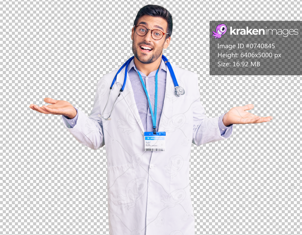 Young hispanic man wearing doctor uniform and stethoscope smiling showing both hands open palms, presenting and advertising comparison and balance