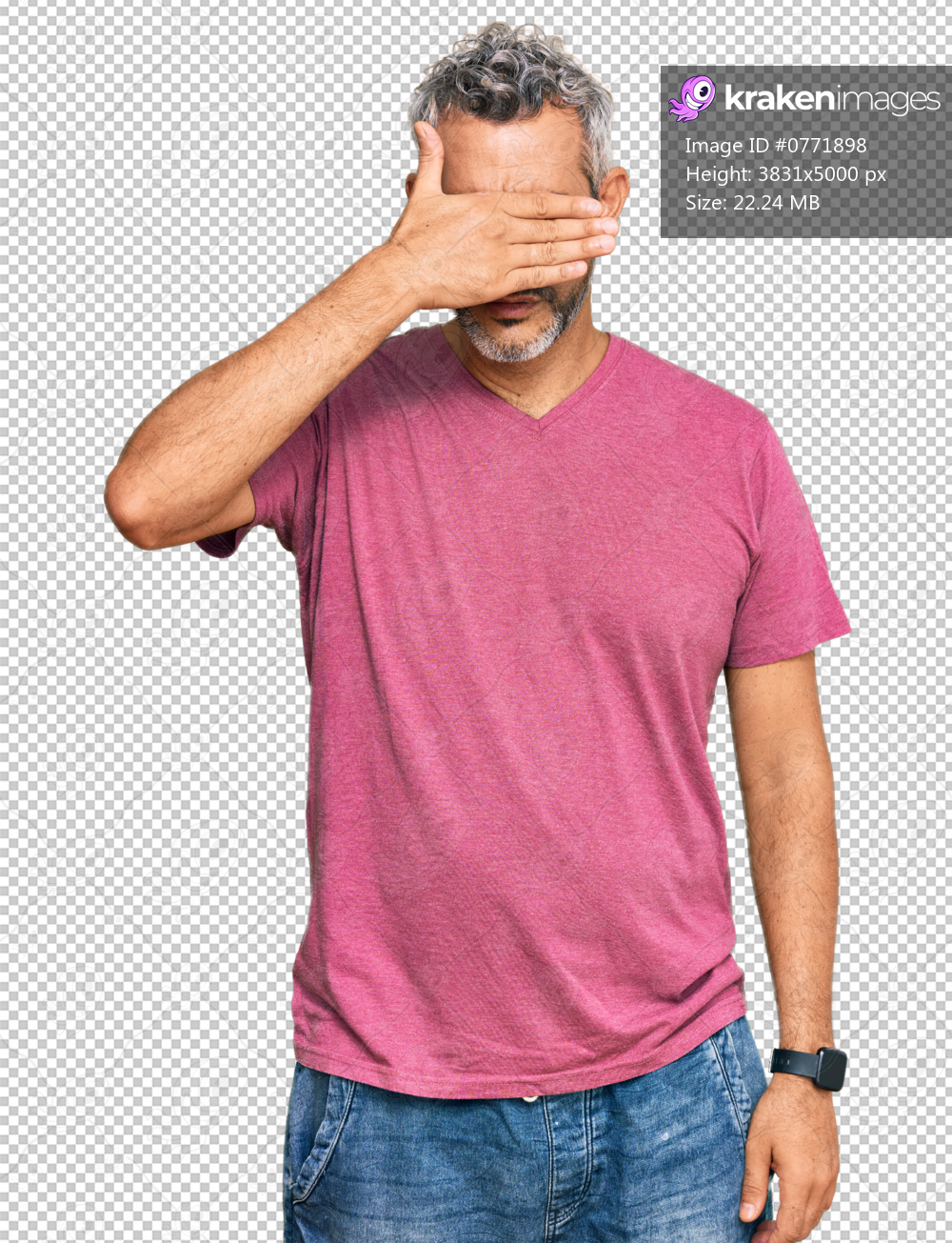 Middle age grey-haired man wearing casual clothes covering eyes with hand, looking serious and sad. sightless, hiding and rejection concept