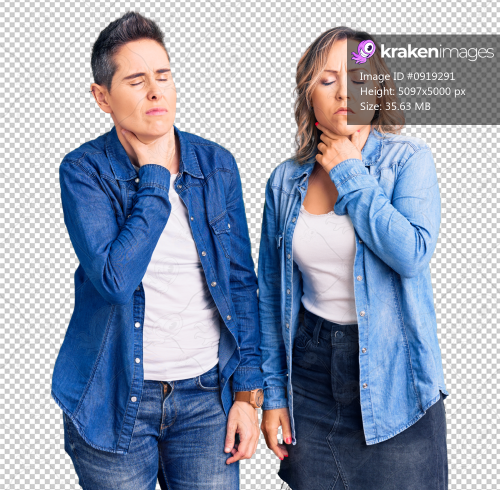Couple of women wearing casual clothes touching painful neck, sore throat for flu, clod and infection