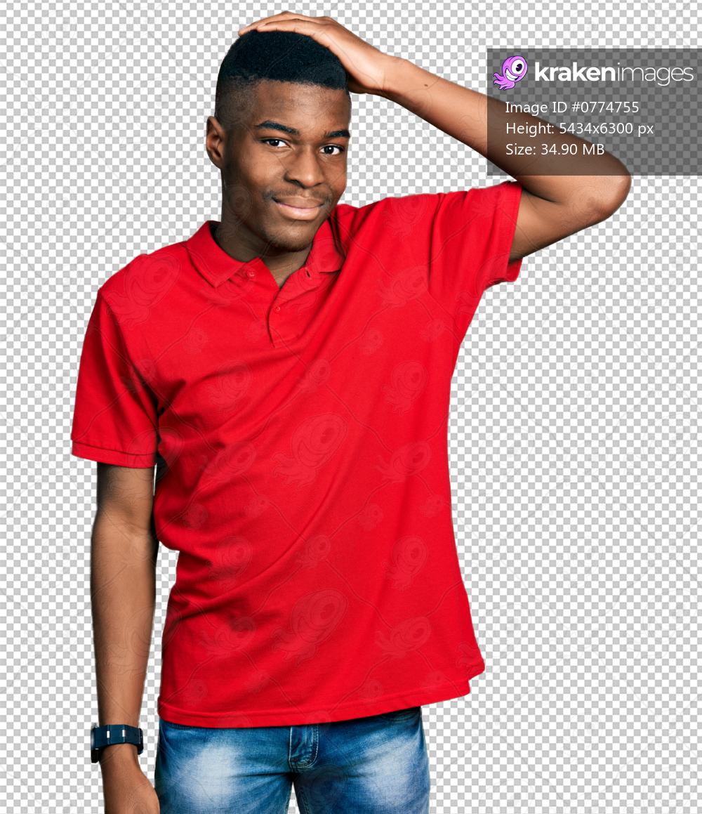 Young african american man wearing casual red t shirt smiling confident touching hair with hand up gesture, posing attractive and fashionable
