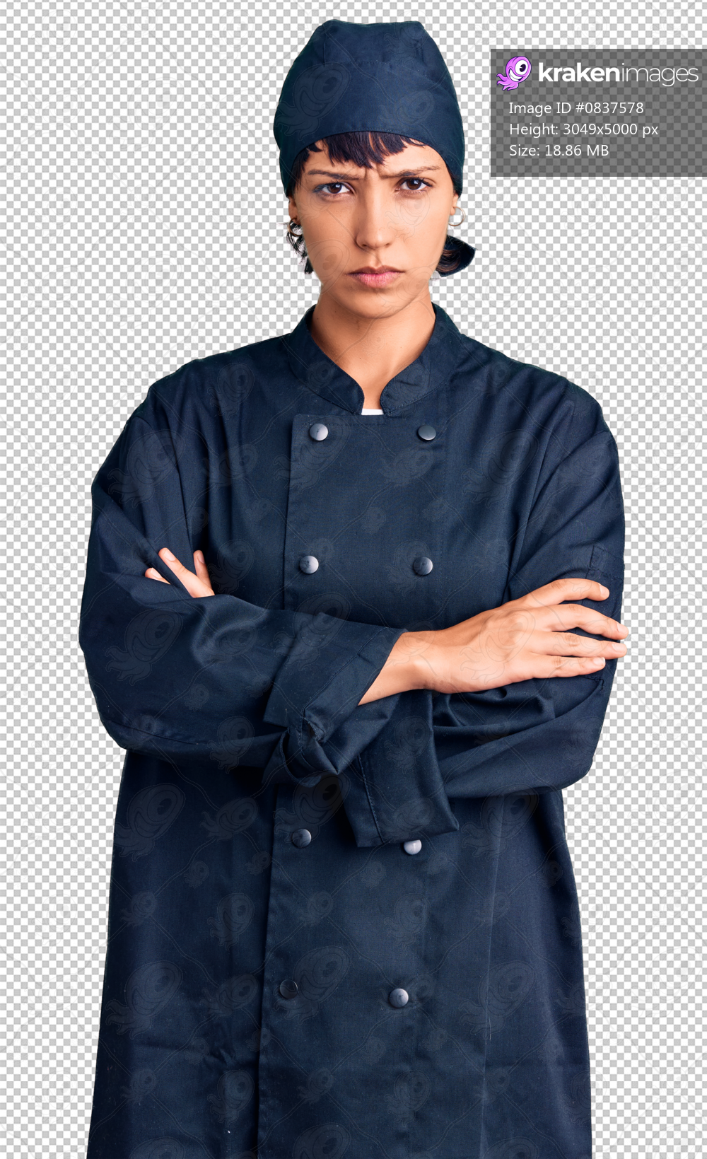 Young brunette woman with short hair wearing professional cook uniform skeptic and nervous, disapproving expression on face with crossed arms. negative person.