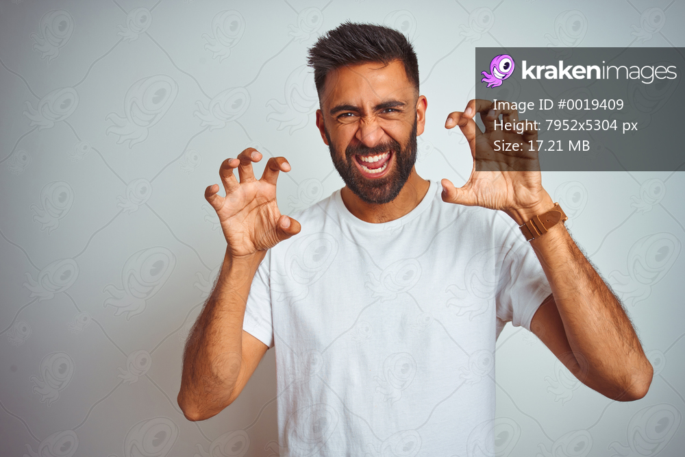 Young indian man wearing t-shirt standing over isolated white background smiling funny doing claw gesture as cat, aggressive and sexy expression