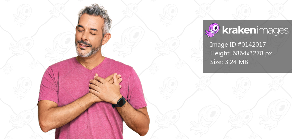Middle age grey-haired man wearing casual clothes smiling with hands on chest with closed eyes and grateful gesture on face. health concept. 