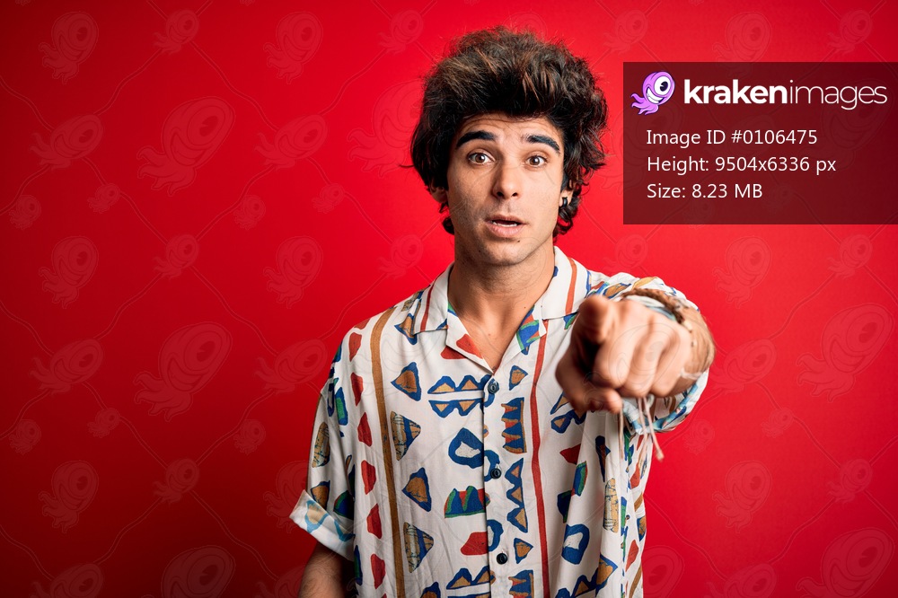 Young handsome man on vacation wearing summer shirt over isolated red background pointing displeased and frustrated to the camera, angry and furious with you