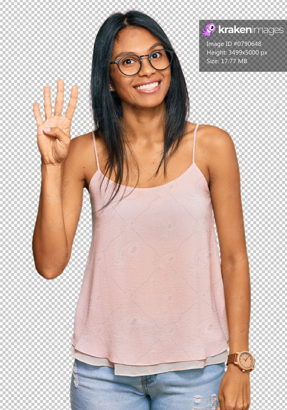 Young african american woman wearing casual clothes and glasses showing and pointing up with fingers number four while smiling confident and happy.