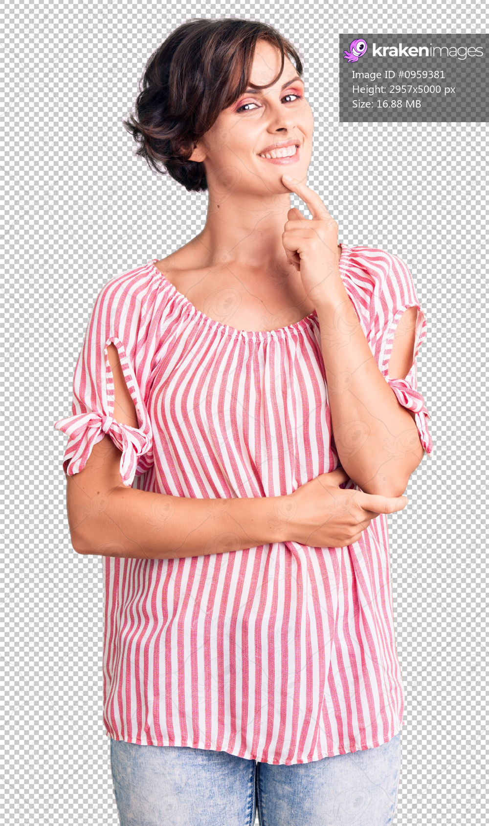 Beautiful young woman with short hair wearing casual summer clothes looking confident at the camera smiling with crossed arms and hand raised on chin. thinking positive.