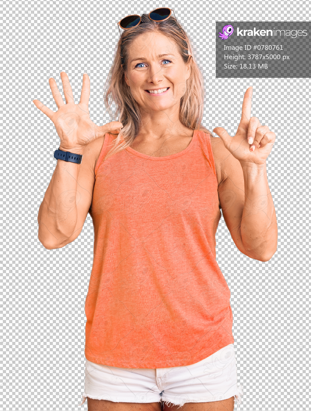Middle age fit blonde woman wearing casual summer clothes and sunglasses showing and pointing up with fingers number seven while smiling confident and happy.