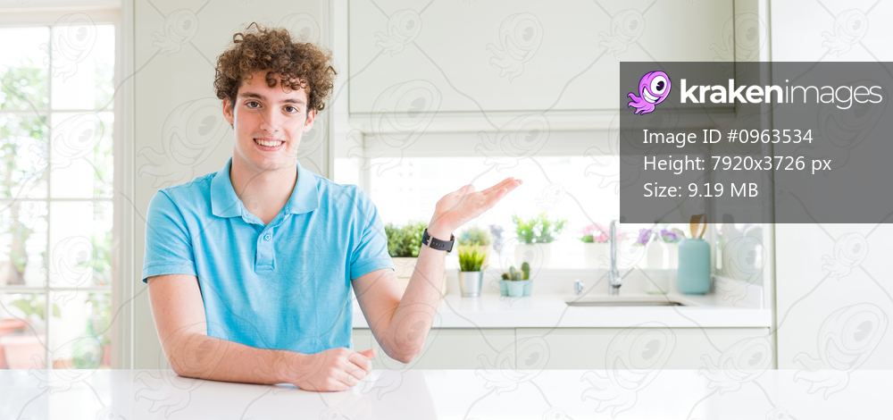 Wide shot of young handsome man at home smiling cheerful presenting and pointing with palm of hand looking at the camera.