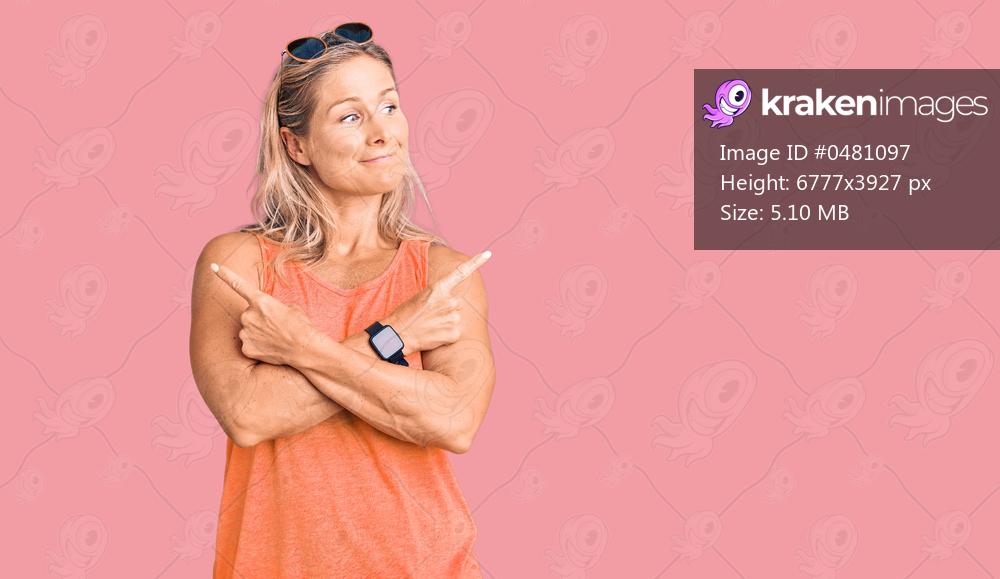 Middle age fit blonde woman wearing casual summer clothes and sunglasses pointing to both sides with fingers, different direction disagree 