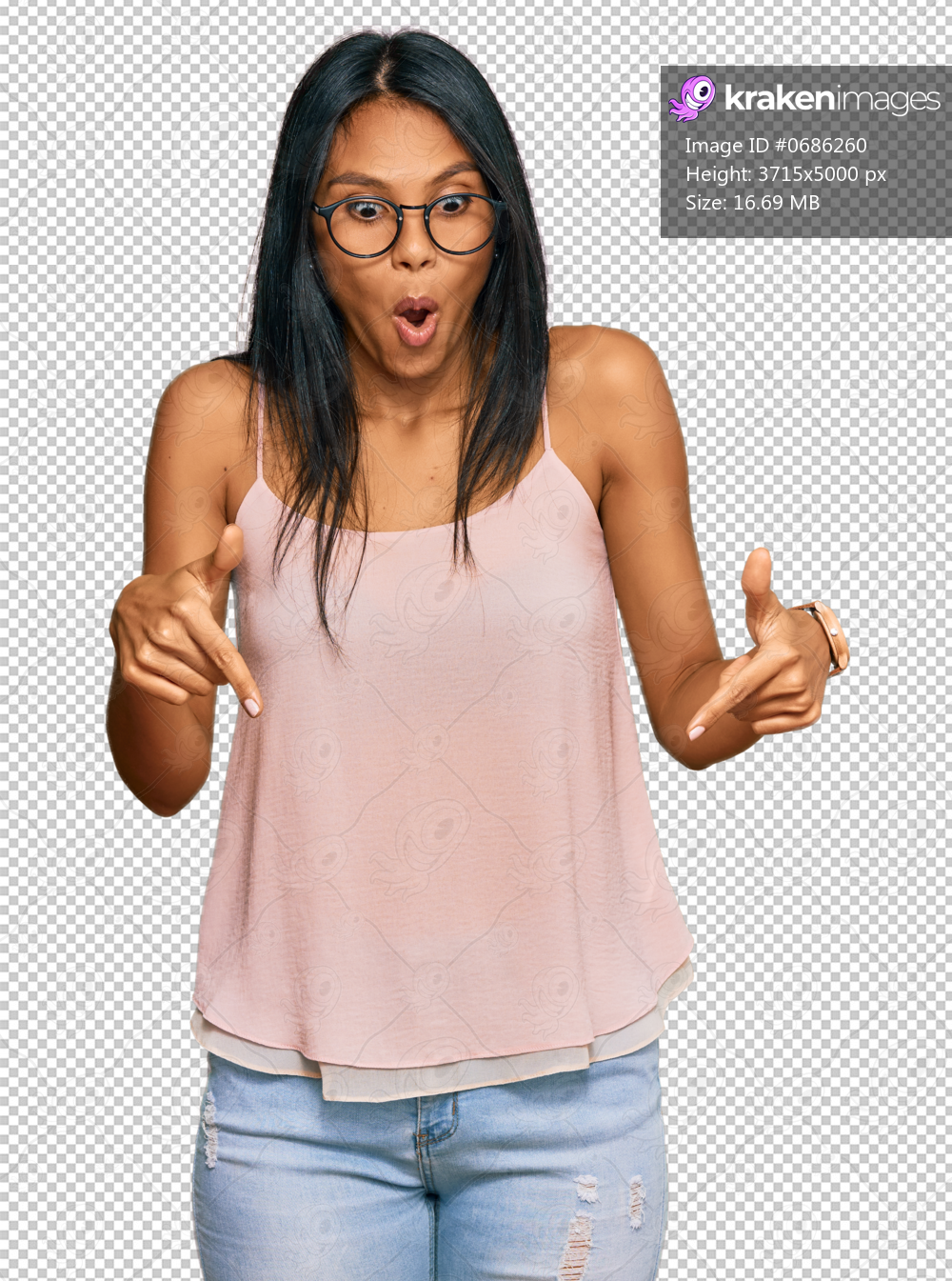 Young african american woman wearing casual clothes and glasses pointing down with fingers showing advertisement, surprised face and open mouth