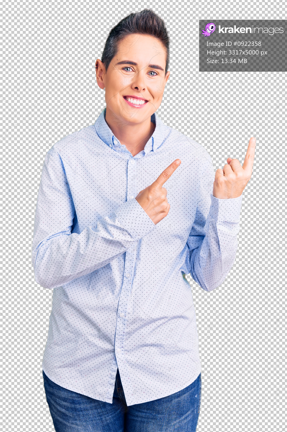 Young woman with short hair wearing business clothes smiling and looking at the camera pointing with two hands and fingers to the side.
