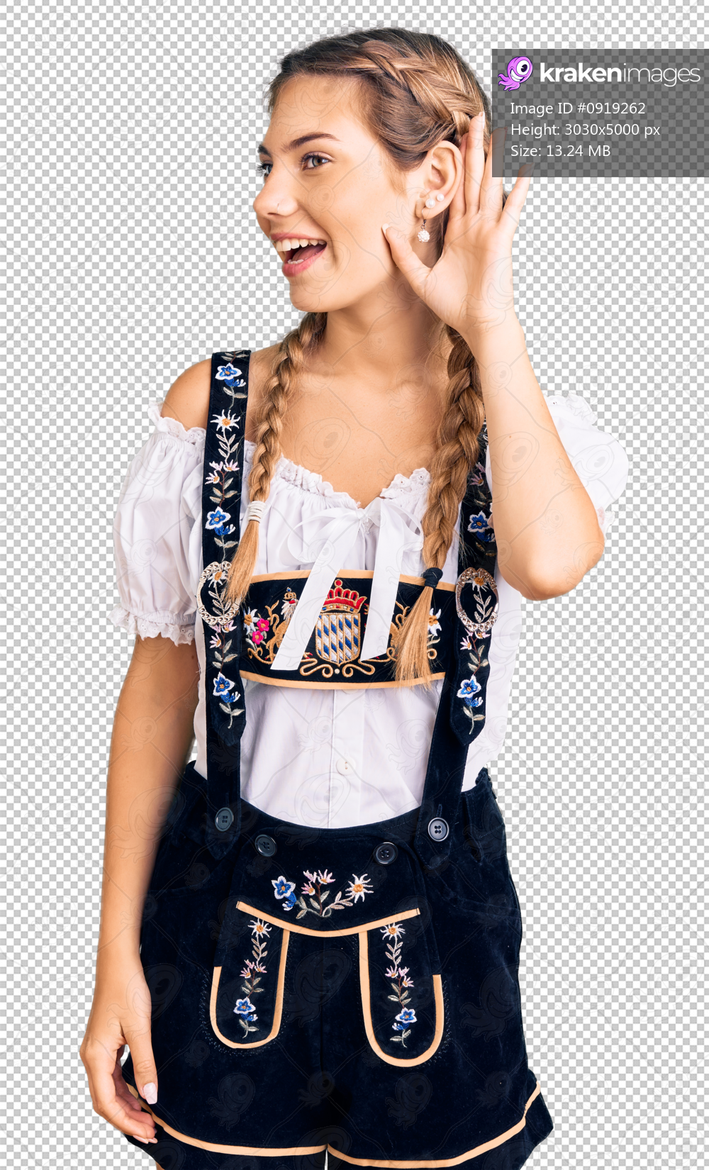 Beautiful caucasian woman with blonde hair wearing octoberfest traditional clothes smiling with hand over ear listening an hearing to rumor or gossip. deafness concept.