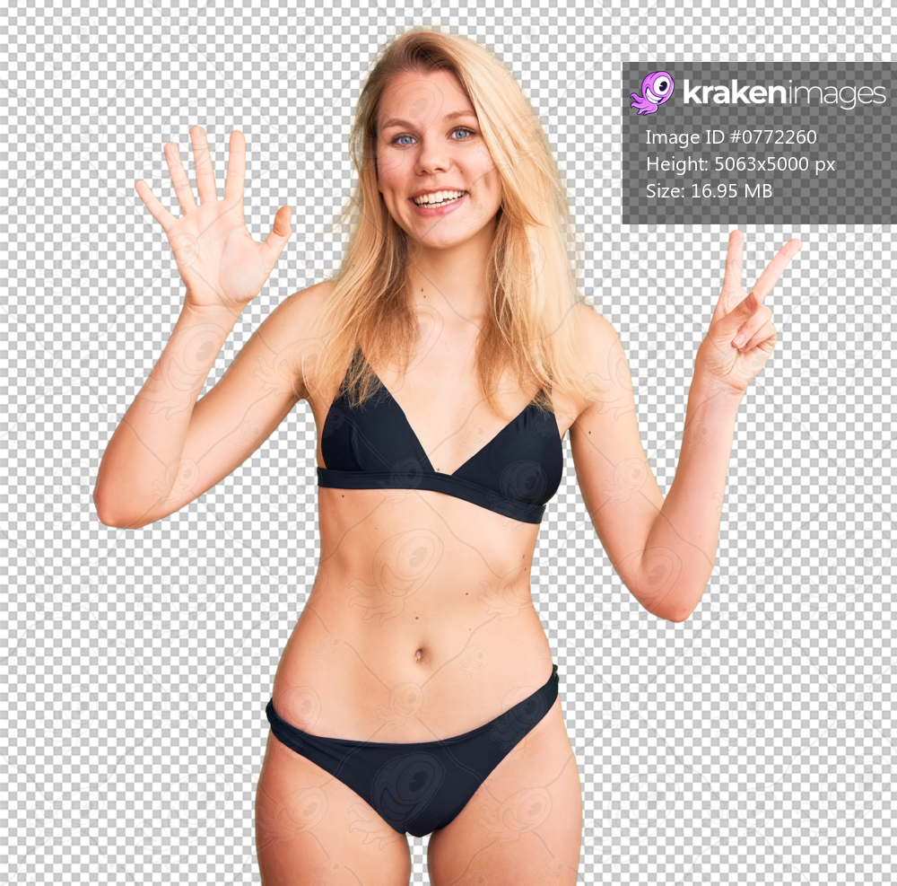 Young beautiful blonde woman wearing bikini showing and pointing up with fingers number seven while smiling confident and happy.