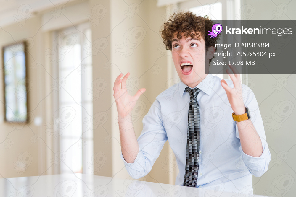 Young business man wearing a tie crazy and mad shouting and yelling with aggressive expression and arms raised. Frustration concept.