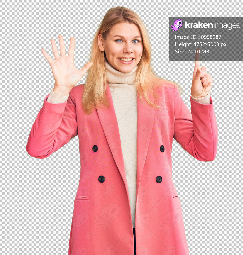 Young beautiful blonde woman wearing elegant clothes showing and pointing up with fingers number six while smiling confident and happy.