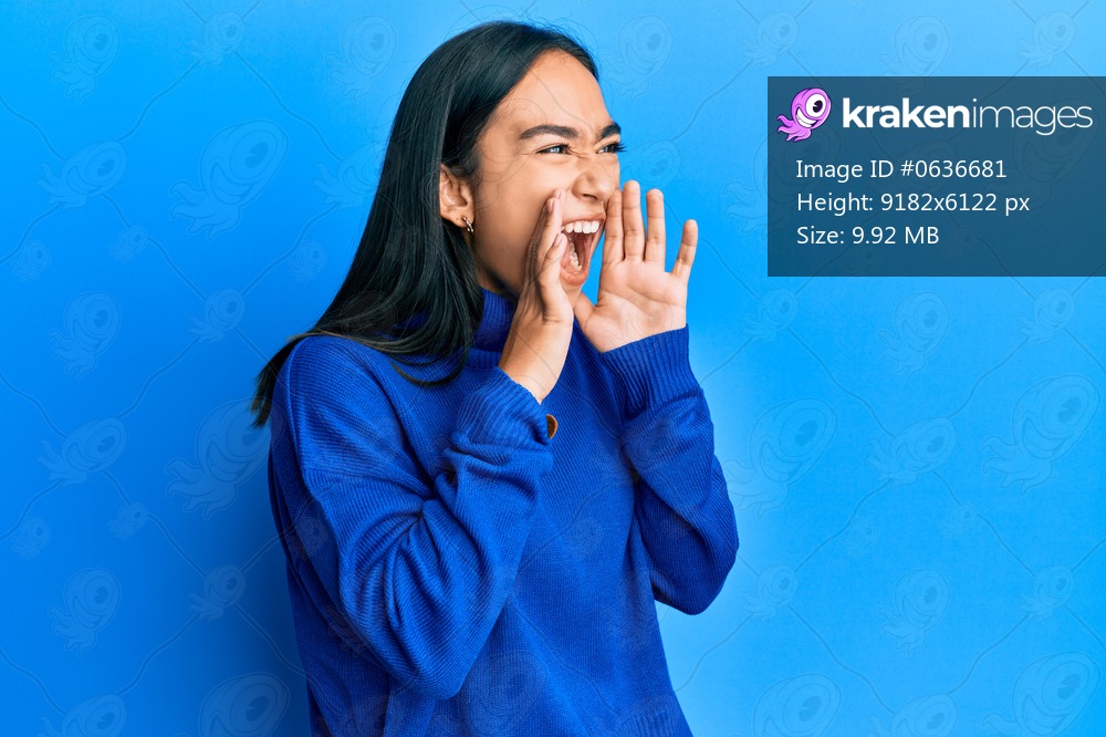 Young asian woman wearing casual winter sweater shouting angry out loud with hands over mouth 