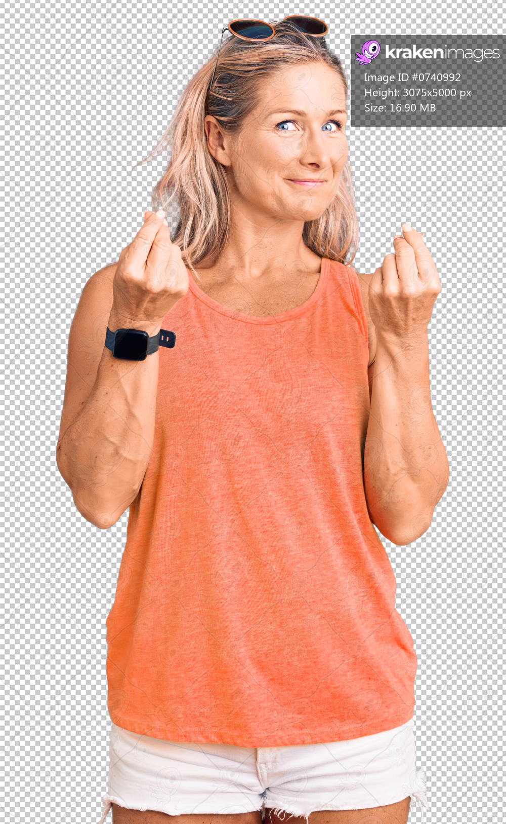 Middle age fit blonde woman wearing casual summer clothes and sunglasses doing money gesture with hands, asking for salary payment, millionaire business