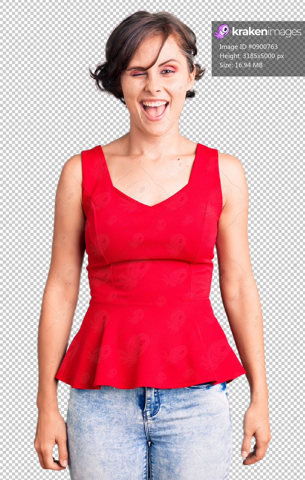 Beautiful young woman with short hair wearing casual style with sleeveless shirt winking looking at the camera with sexy expression, cheerful and happy face.