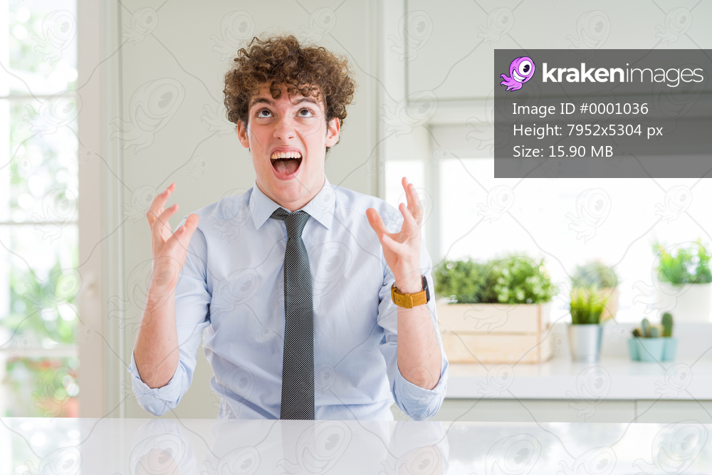 Young business man wearing a tie crazy and mad shouting and yelling with aggressive expression and arms raised. Frustration concept.