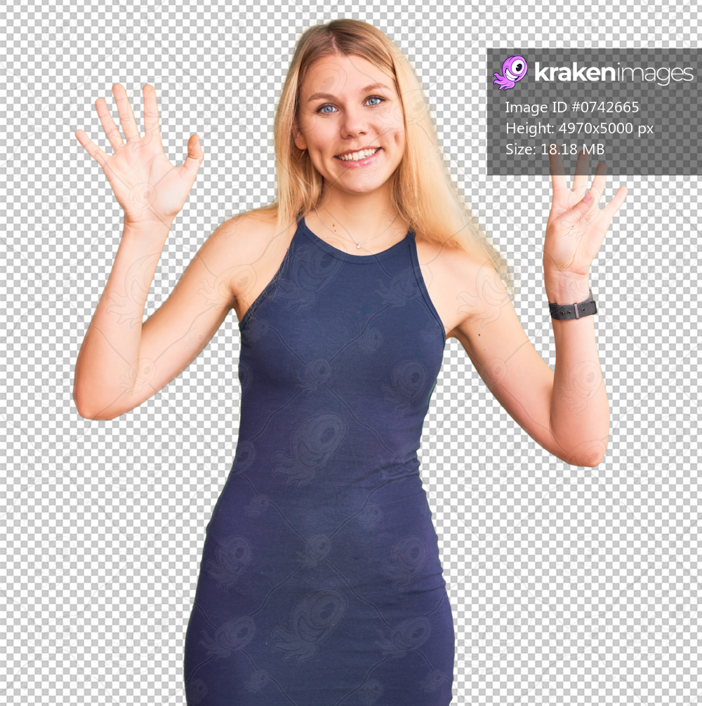 Young beautiful blonde woman wearing casual dress showing and pointing up with fingers number nine while smiling confident and happy.