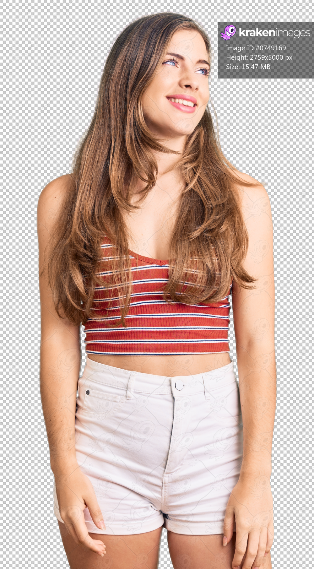 Beautiful caucasian young woman wearing casual clothes looking away to side with smile on face, natural expression. laughing confident.