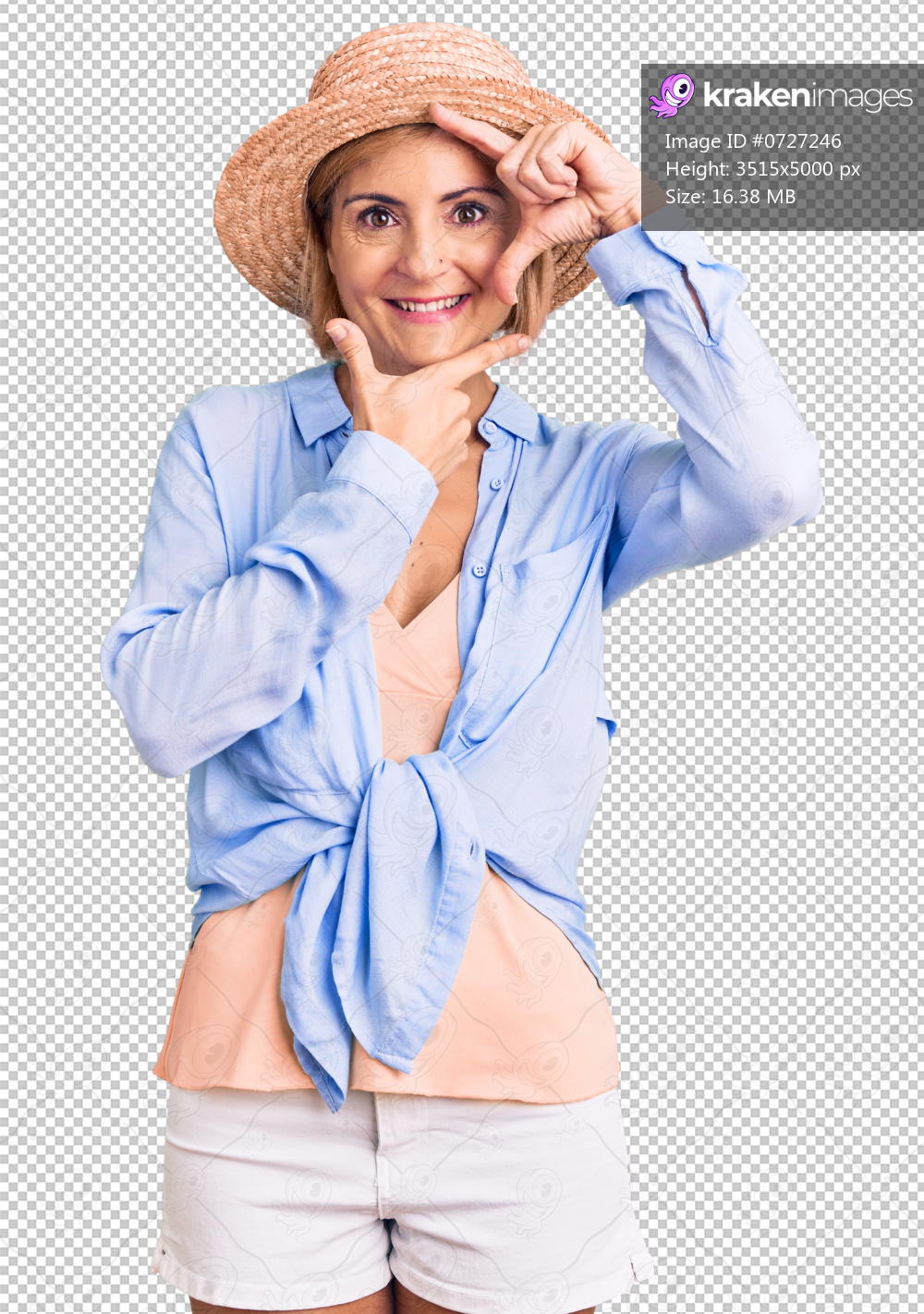 Young blonde woman wearing summer hat smiling making frame with hands and fingers with happy face. creativity and photography concept.