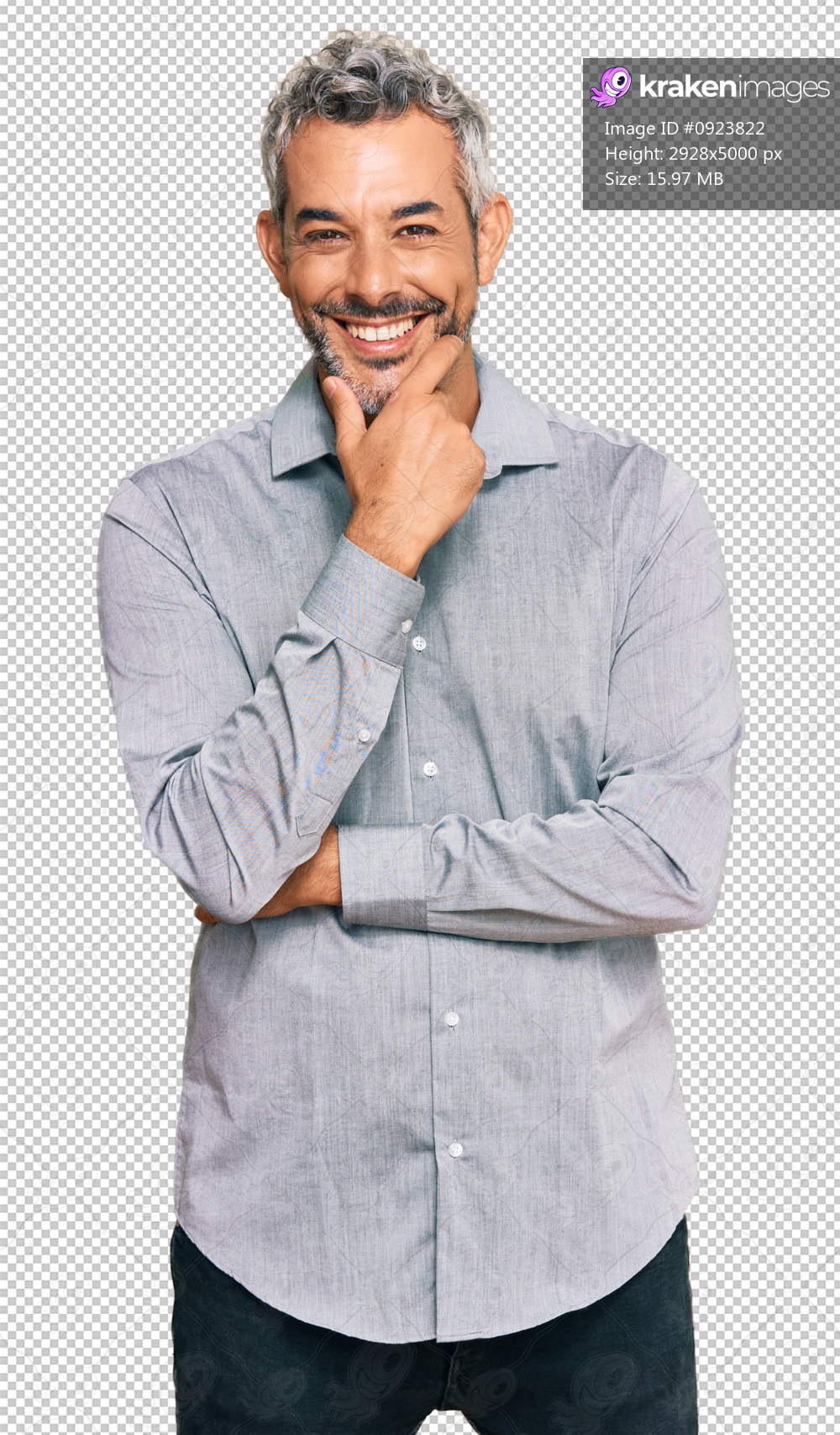Middle age grey-haired man wearing casual clothes looking confident at the camera smiling with crossed arms and hand raised on chin. thinking positive.