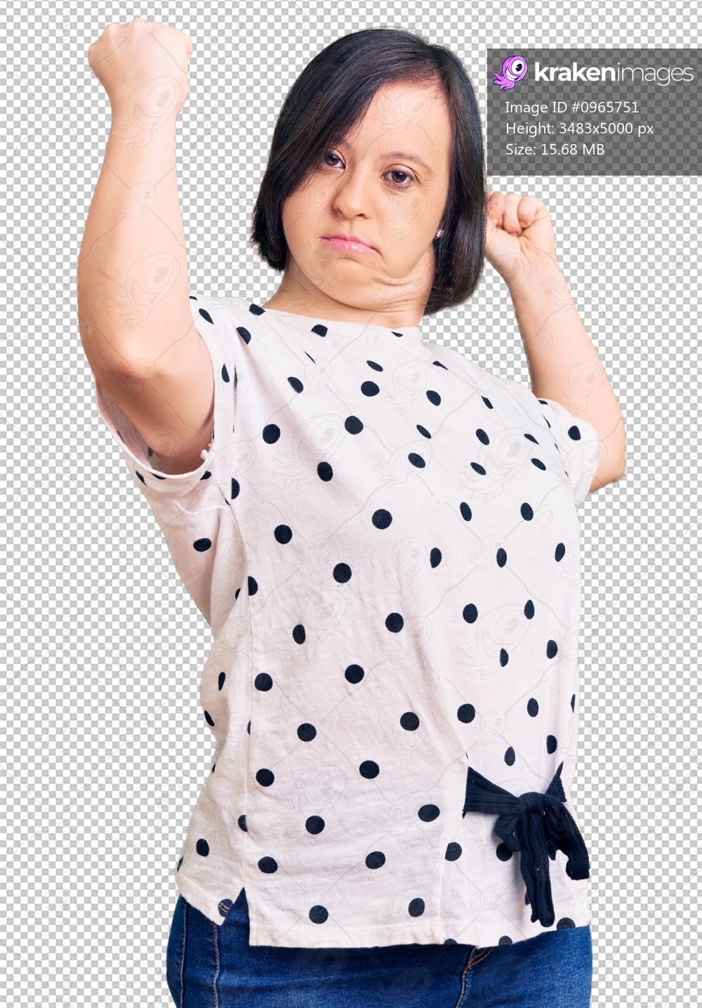 Brunette woman with down syndrome wearing casual clothes showing arms muscles smiling proud. fitness concept.