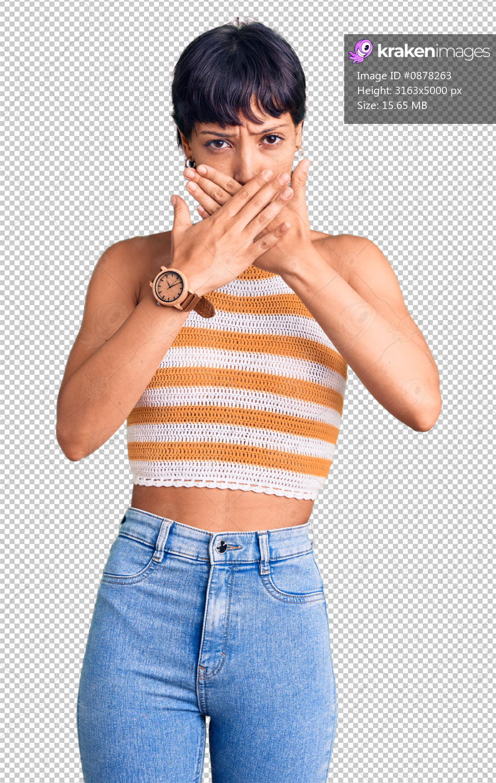 Young brunette woman with short hair wearing casual clothes shocked covering mouth with hands for mistake. secret concept.