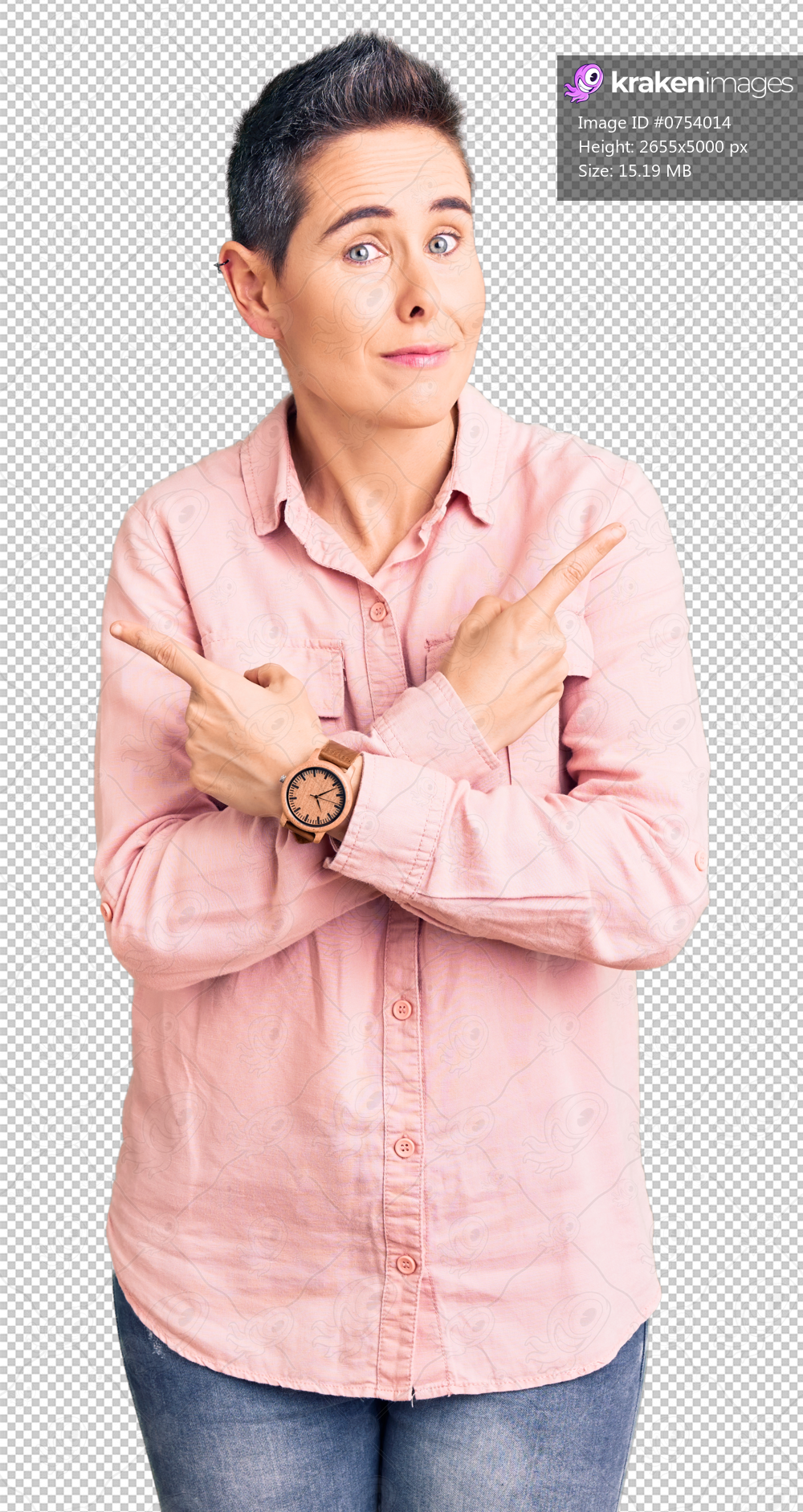 Young woman with short hair wearing casual clothes pointing to both sides with fingers, different direction disagree