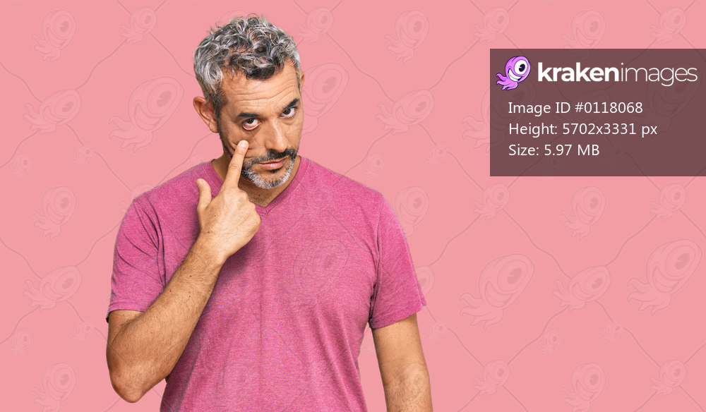 Middle age grey-haired man wearing casual clothes pointing to the eye watching you gesture, suspicious expression 
