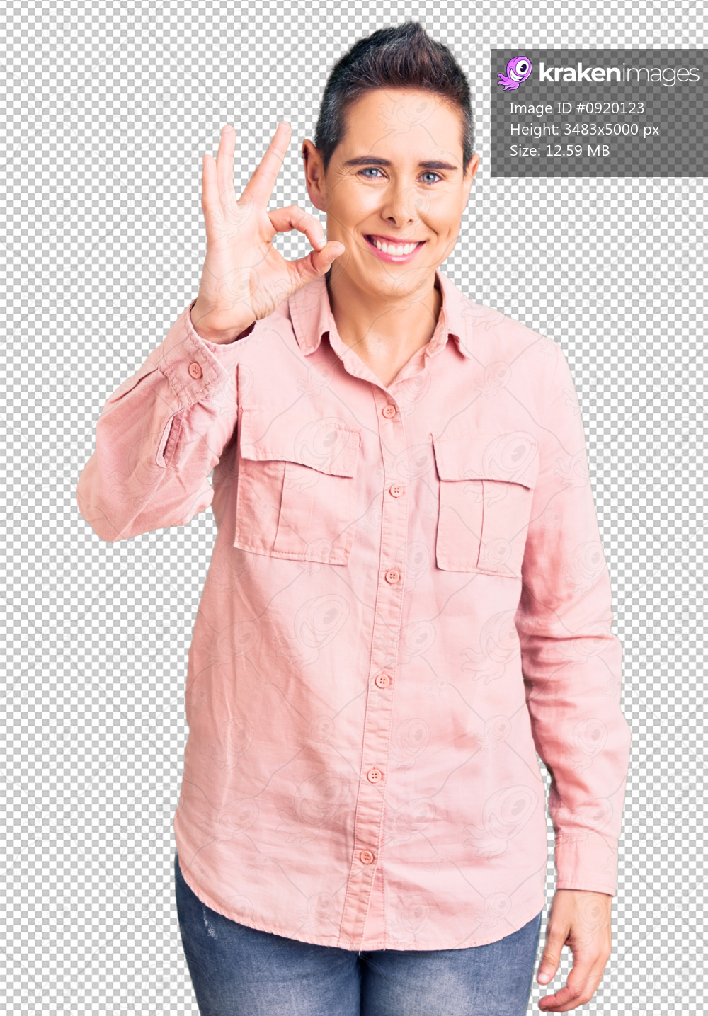 Young woman with short hair wearing casual clothes smiling positive doing ok sign with hand and fingers. successful expression.