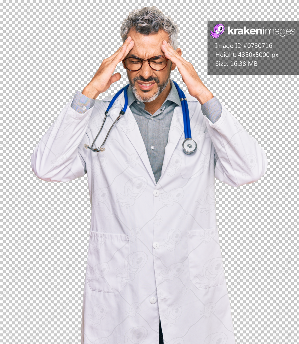 Middle age grey-haired man wearing doctor uniform and stethoscope suffering from headache desperate and stressed because pain and migraine. hands on head.
