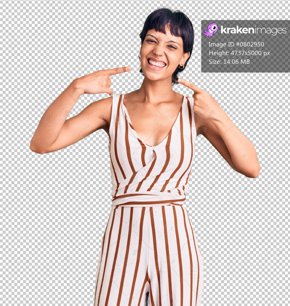 Young brunette woman with short hair wearing summer outfit smiling cheerful showing and pointing with fingers teeth and mouth. dental health concept.