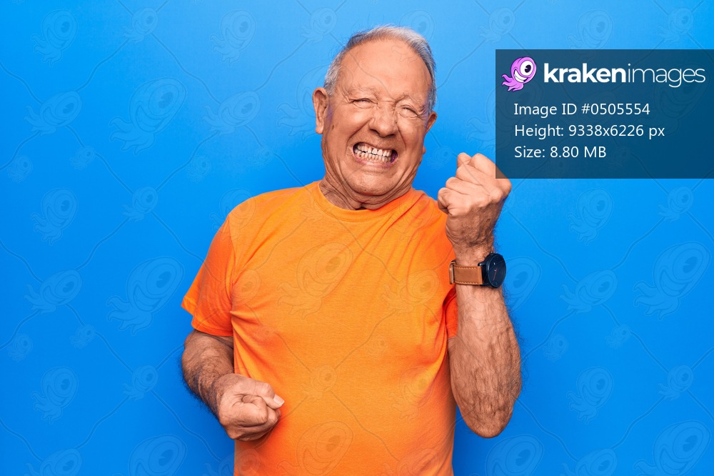 Senior handsome grey-haired man wearing casual t-shirt standing over blue background celebrating surprised and amazed for success with arms raised and eyes closed