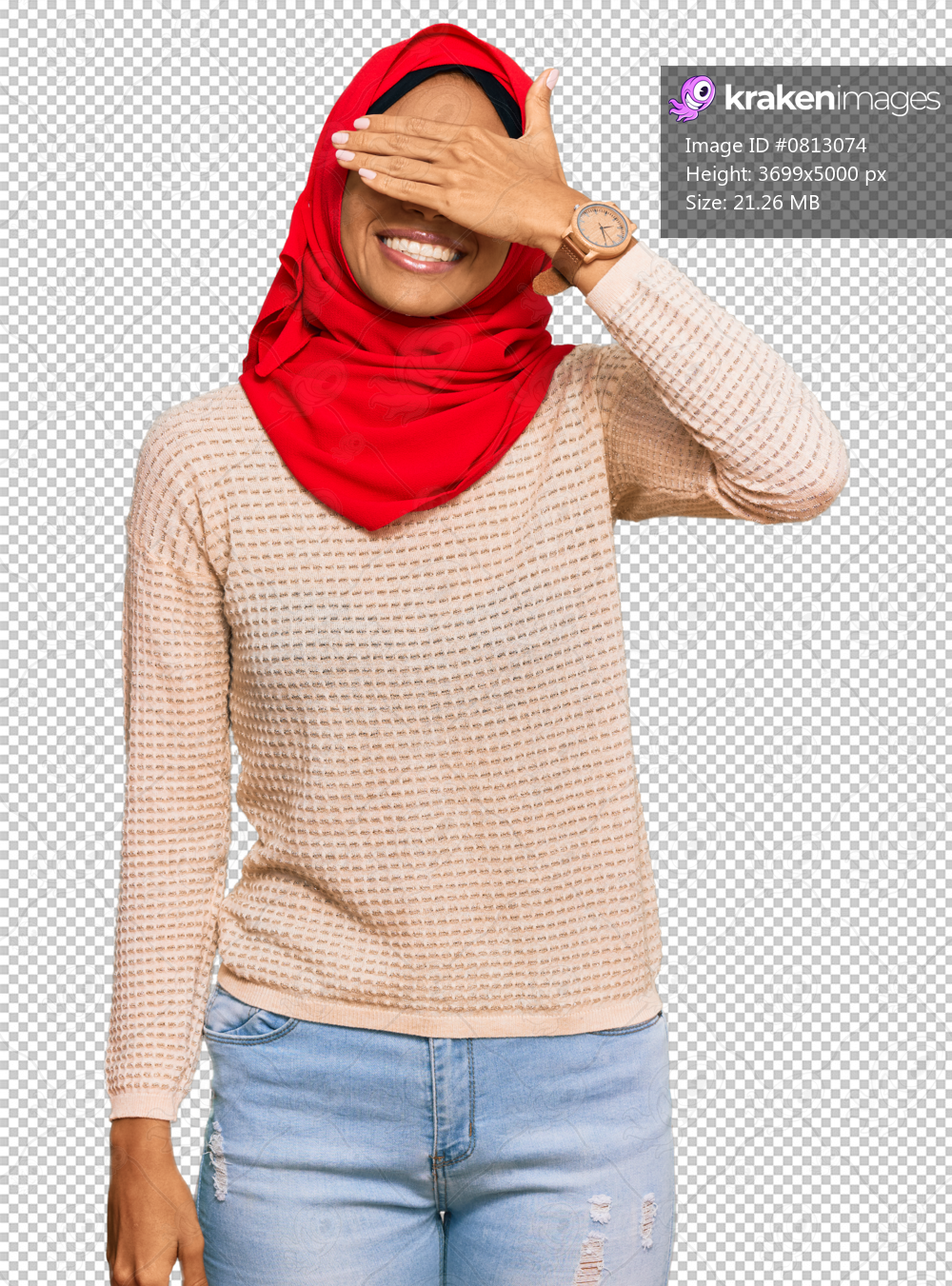 Young african american woman wearing traditional islamic hijab scarf smiling and laughing with hand on face covering eyes for surprise. blind concept.