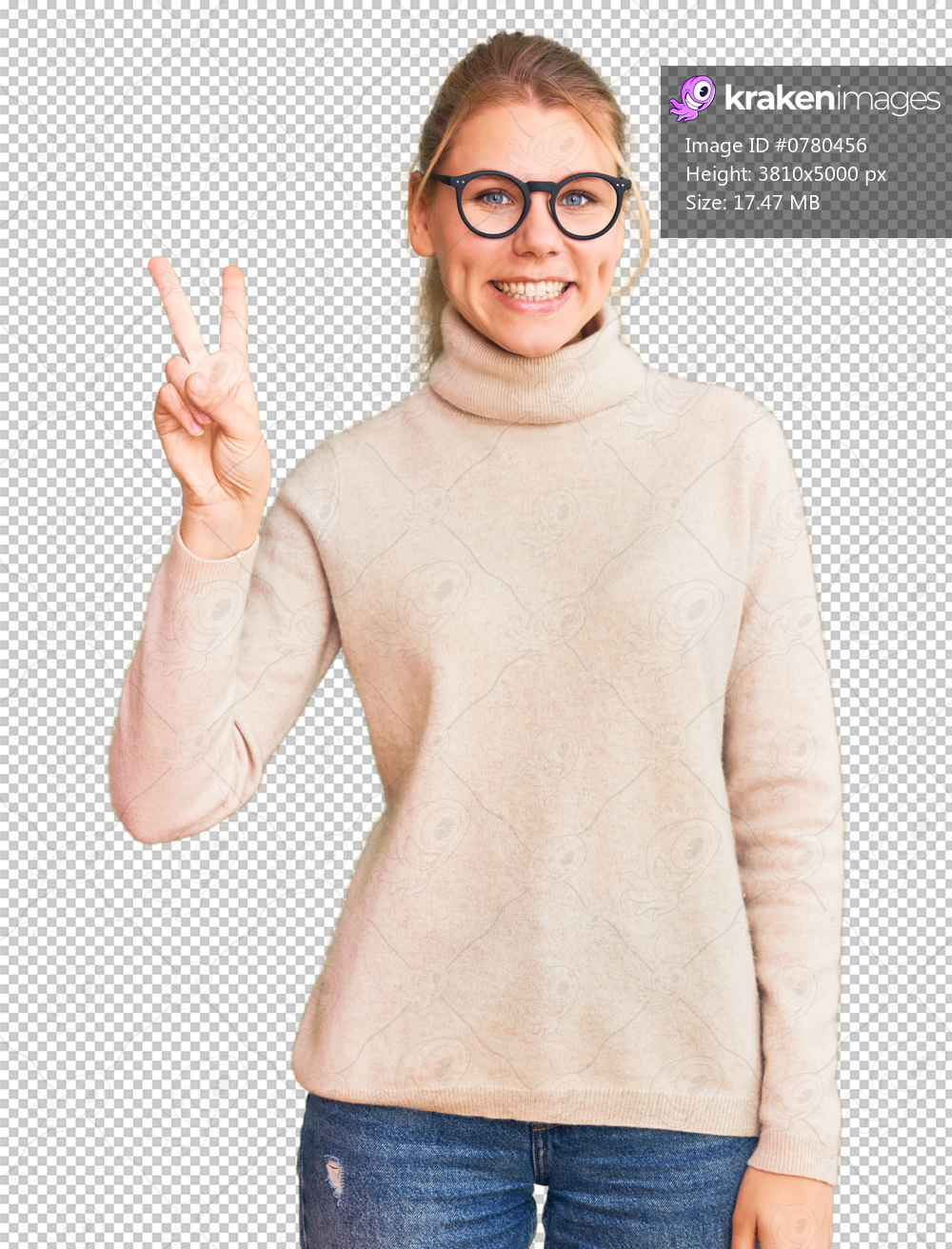 Young beautiful blonde woman wearing turtleneck sweater and glasses showing and pointing up with fingers number two while smiling confident and happy.