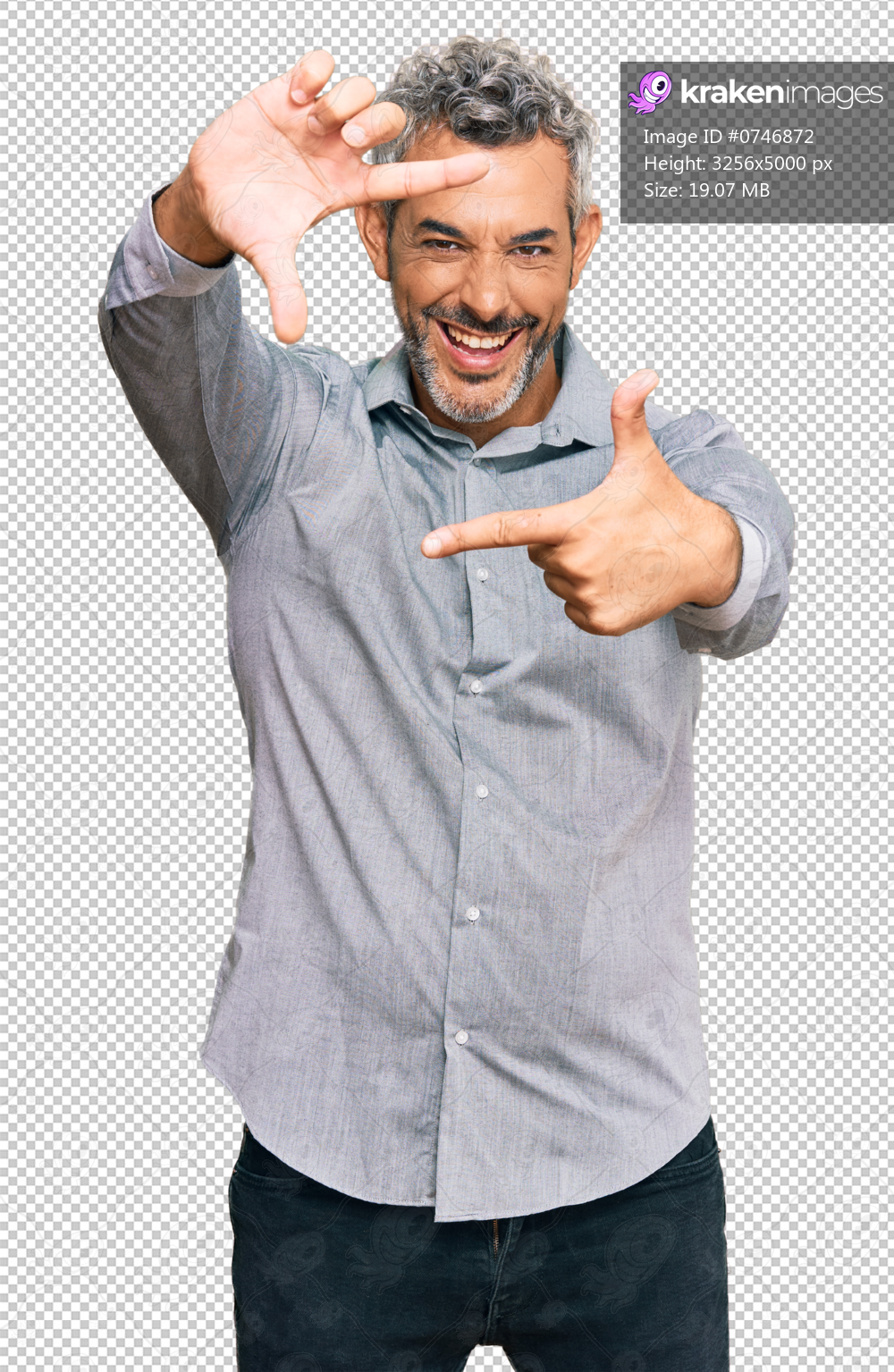 Middle age grey-haired man wearing casual clothes smiling making frame with hands and fingers with happy face. creativity and photography concept.