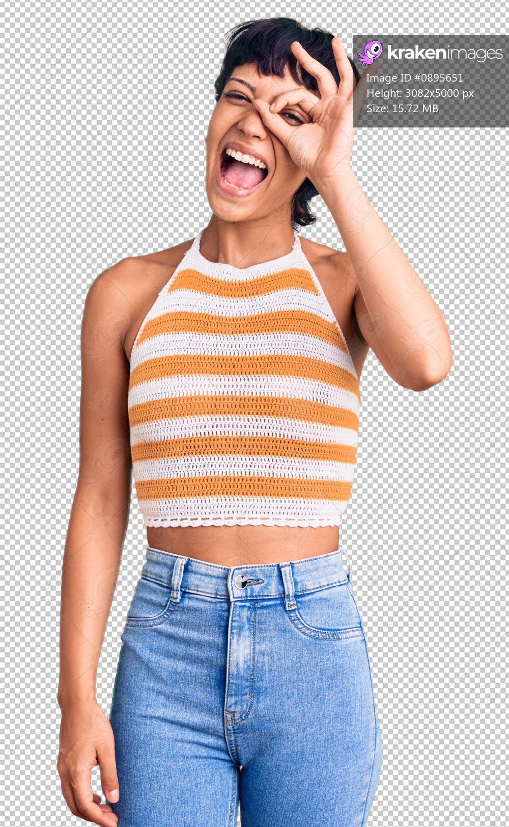 Young brunette woman with short hair wearing casual clothes doing ok gesture with hand smiling, eye looking through fingers with happy face.