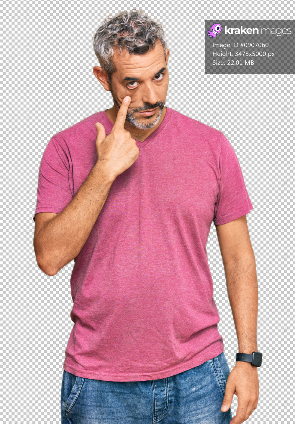 Middle age grey-haired man wearing casual clothes pointing to the eye watching you gesture, suspicious expression