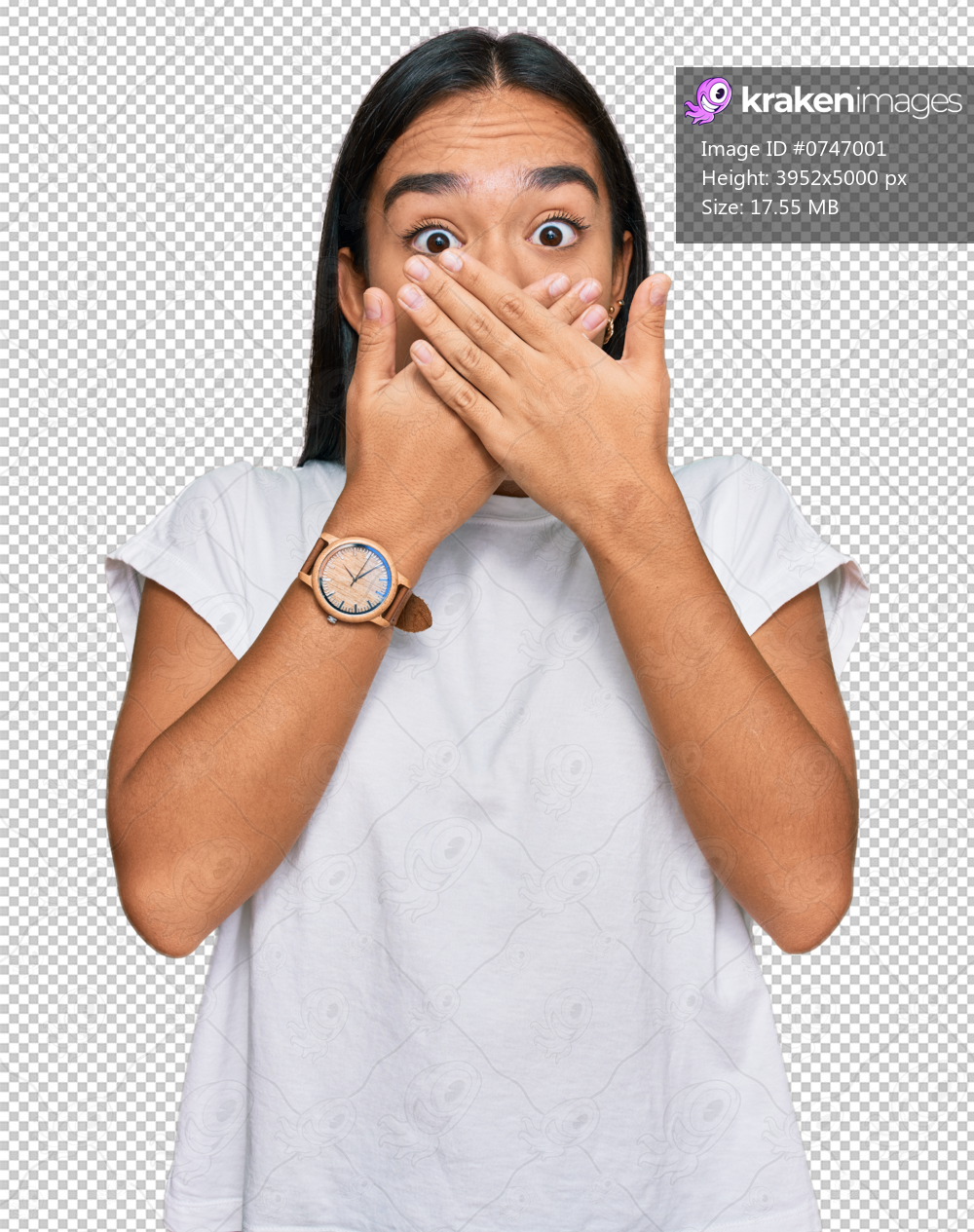 Young asian woman wearing casual white t shirt shocked covering mouth with hands for mistake. secret concept.