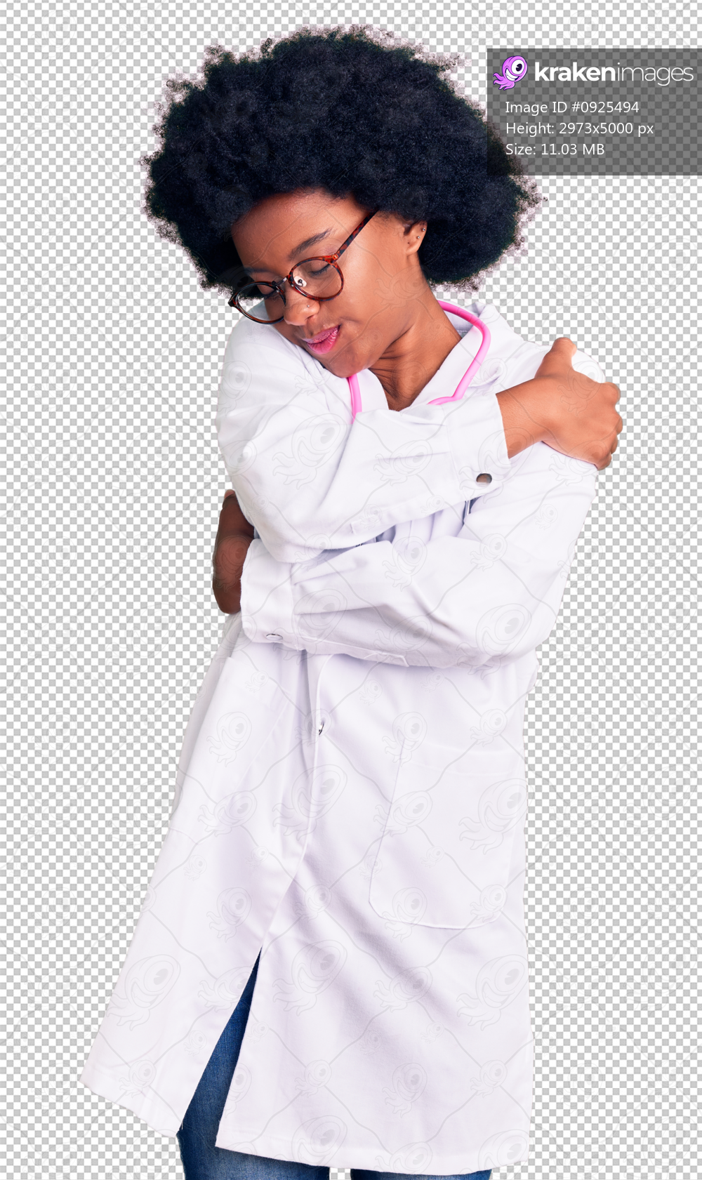 Young african american woman wearing doctor coat and stethoscope hugging oneself happy and positive, smiling confident. self love and self care