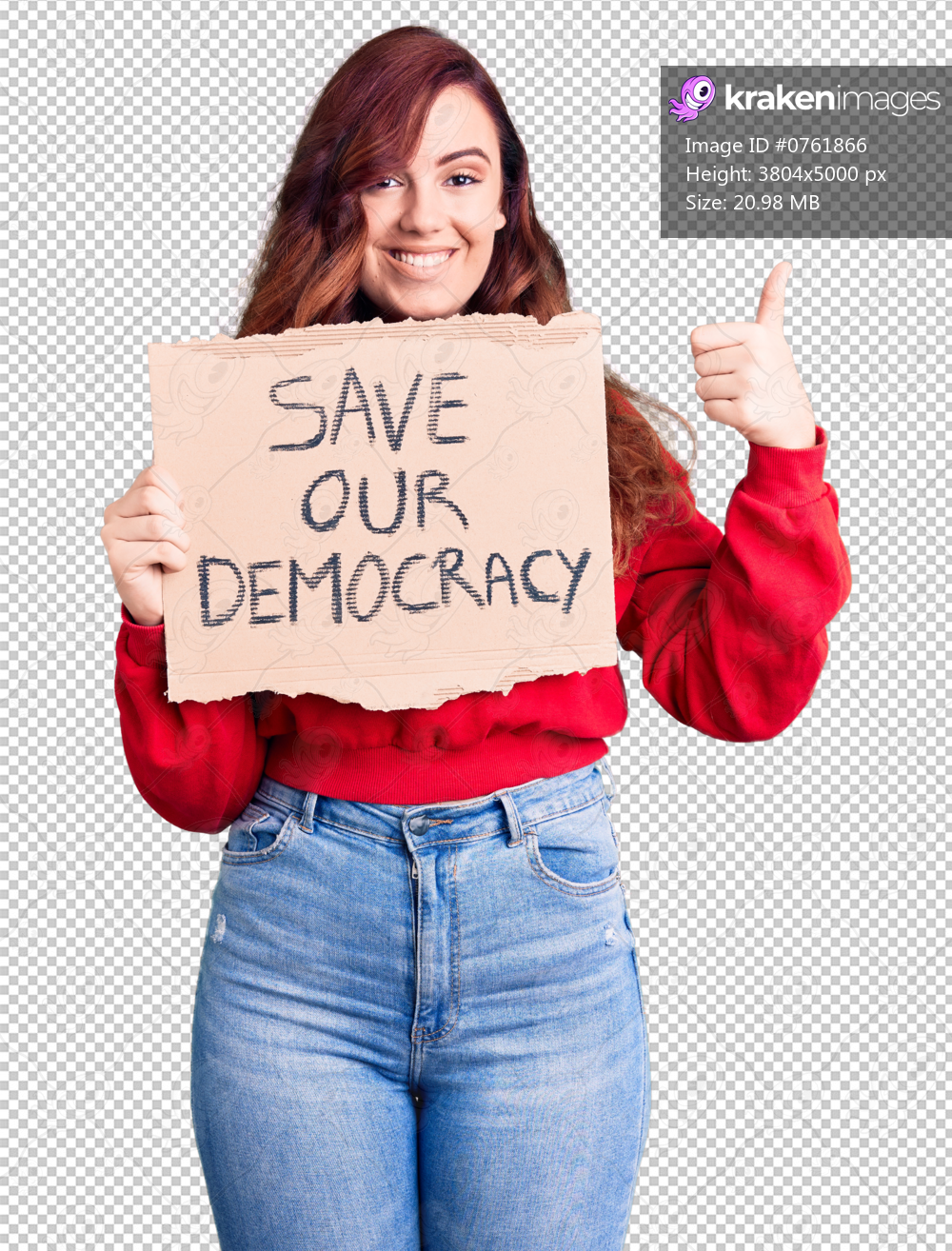 Young beautiful woman holding save our democracy protest banner smiling happy and positive, thumb up doing excellent and approval sign