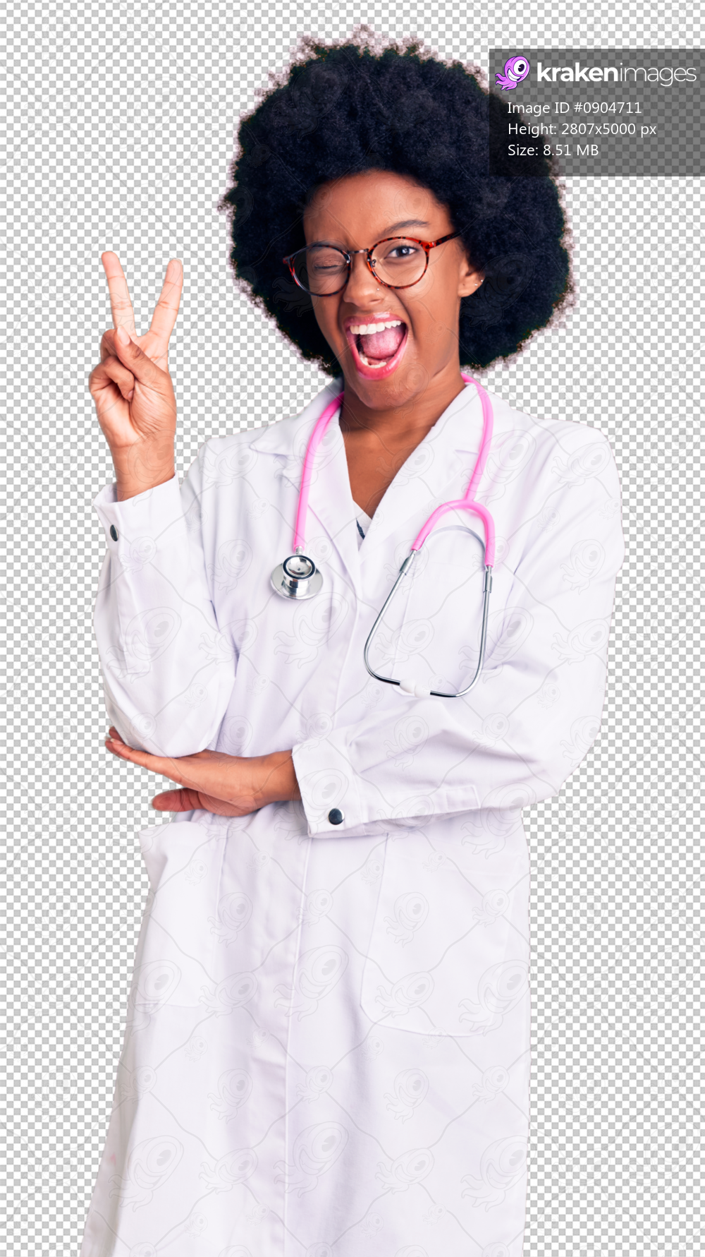 Young african american woman wearing doctor coat and stethoscope smiling with happy face winking at the camera doing victory sign with fingers. number two.