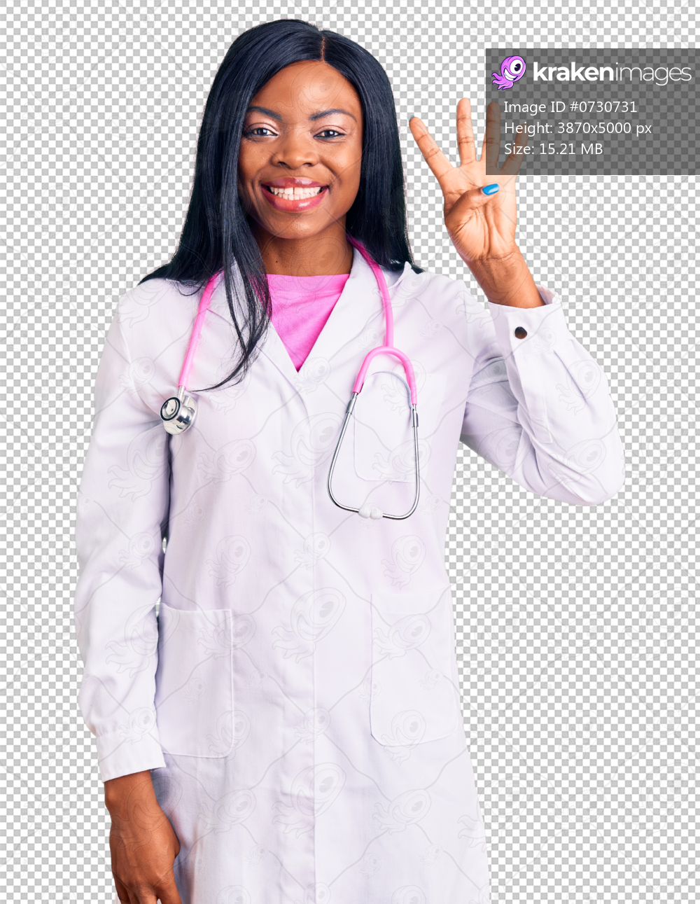 Young african american woman wearing doctor stethoscope showing and pointing up with fingers number four while smiling confident and happy.
