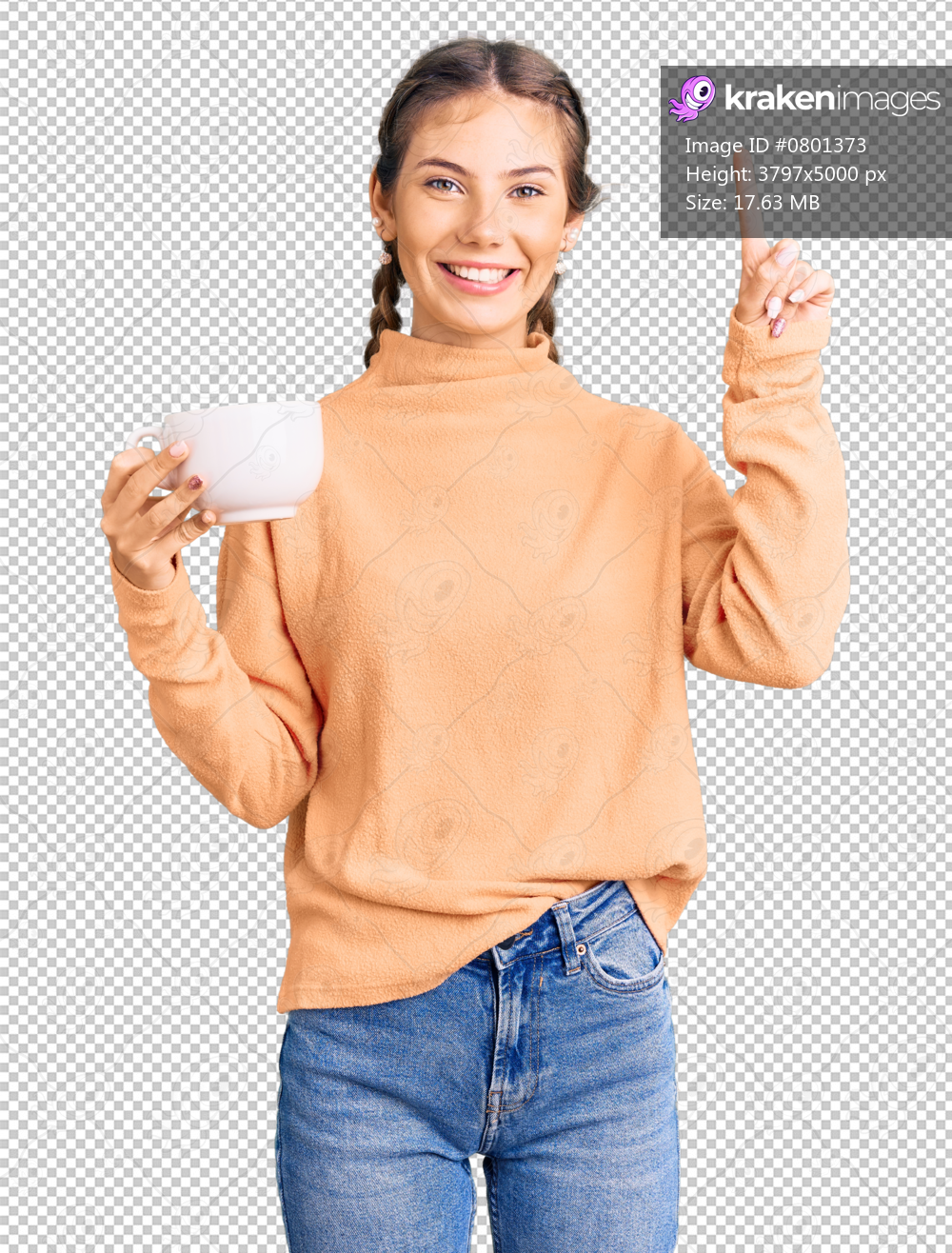 Beautiful caucasian woman with blonde hair drinking a coffee surprised with an idea or question pointing finger with happy face, number one