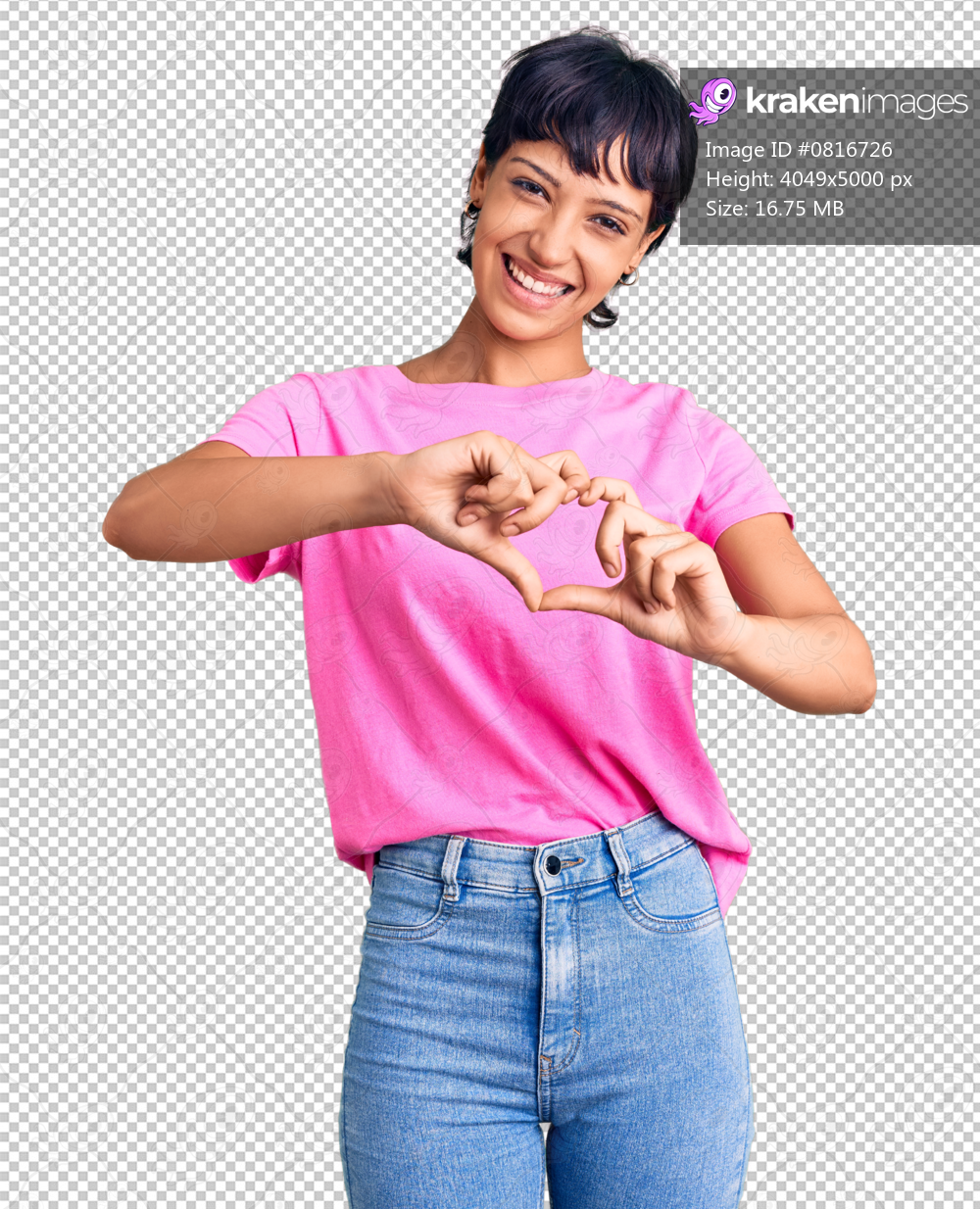 Young brunette woman with short hair wearing casual clothes smiling in love doing heart symbol shape with hands. romantic concept.