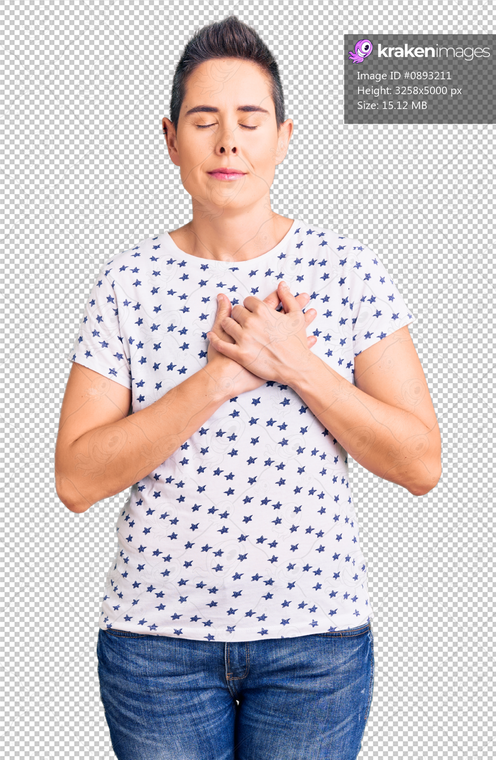 Young woman with short hair wearing casual clothes smiling with hands on chest with closed eyes and grateful gesture on face. health concept.