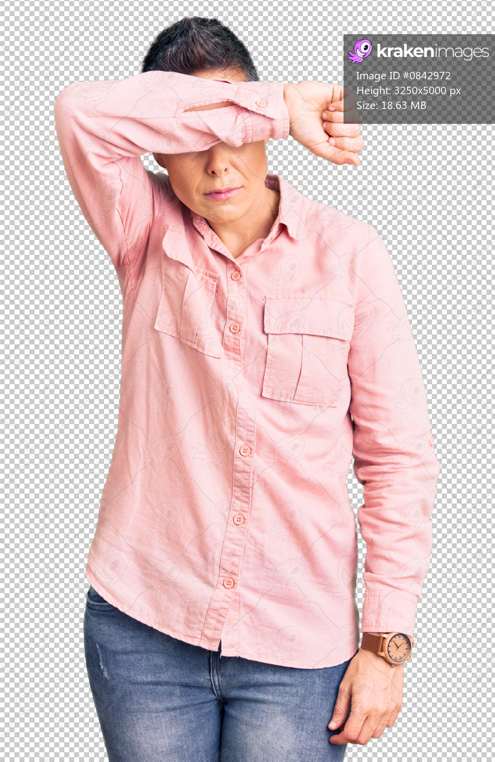 Young woman with short hair wearing casual clothes covering eyes with arm, looking serious and sad. sightless, hiding and rejection concept